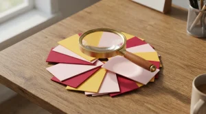 Lupe über geordneten farbigen Karteikarten auf einem Holztisch
