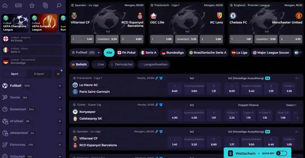 Fußballbereich der Highflybet-Sportwetten mit Begegnungen und verschiedenen Wettmärkten