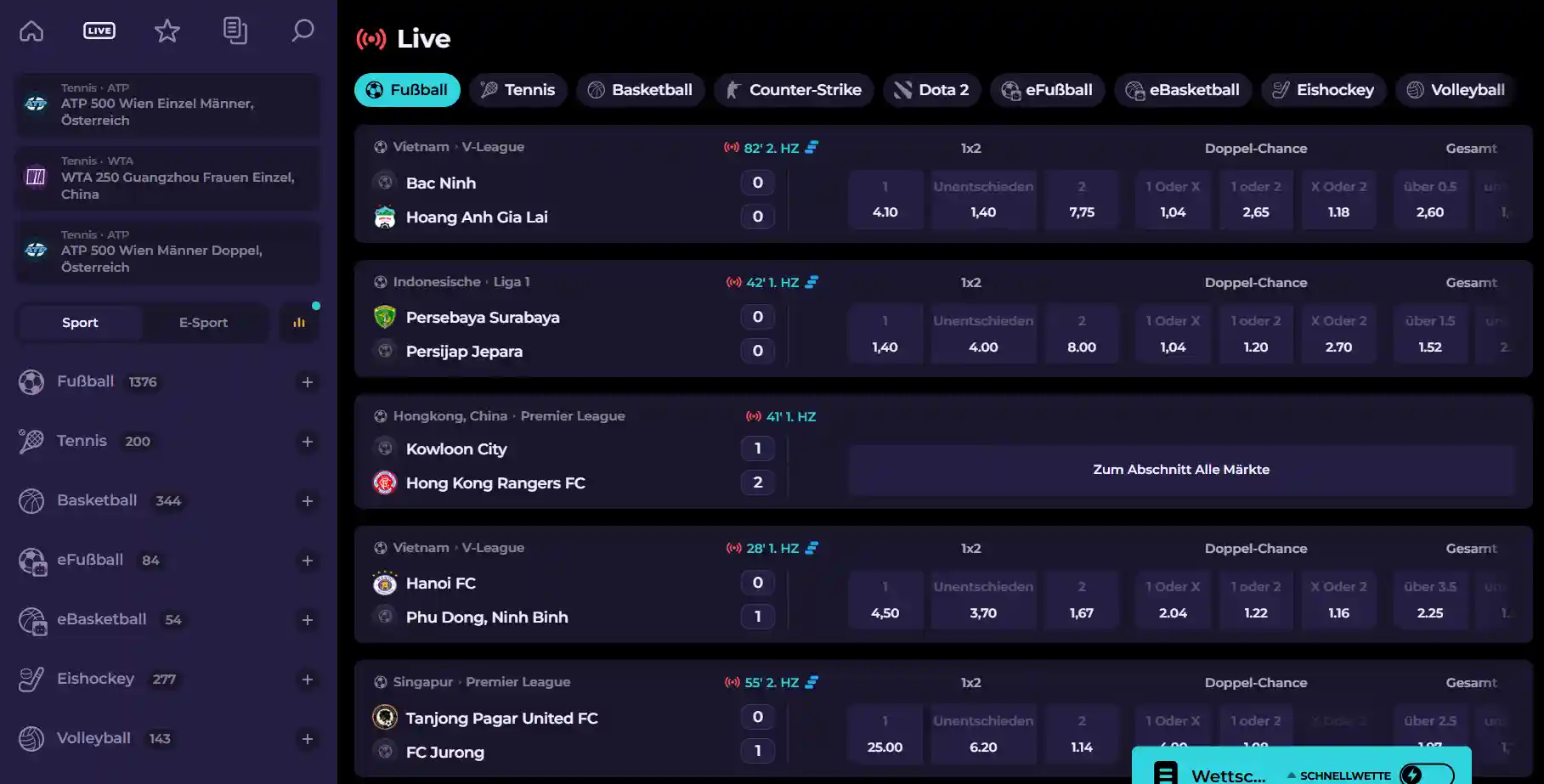 Bereich für laufende Spiele der Highflybet-Sportwetten mit laufenden Begegnungen und Sportnavigation