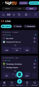 Mobiler Startbildschirm von Highflybet mit kompaktem Navigationsbereich