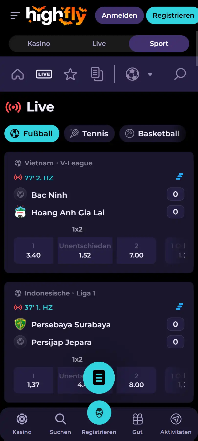 Mobiler Startbildschirm von Highflybet mit kompaktem Navigationsbereich