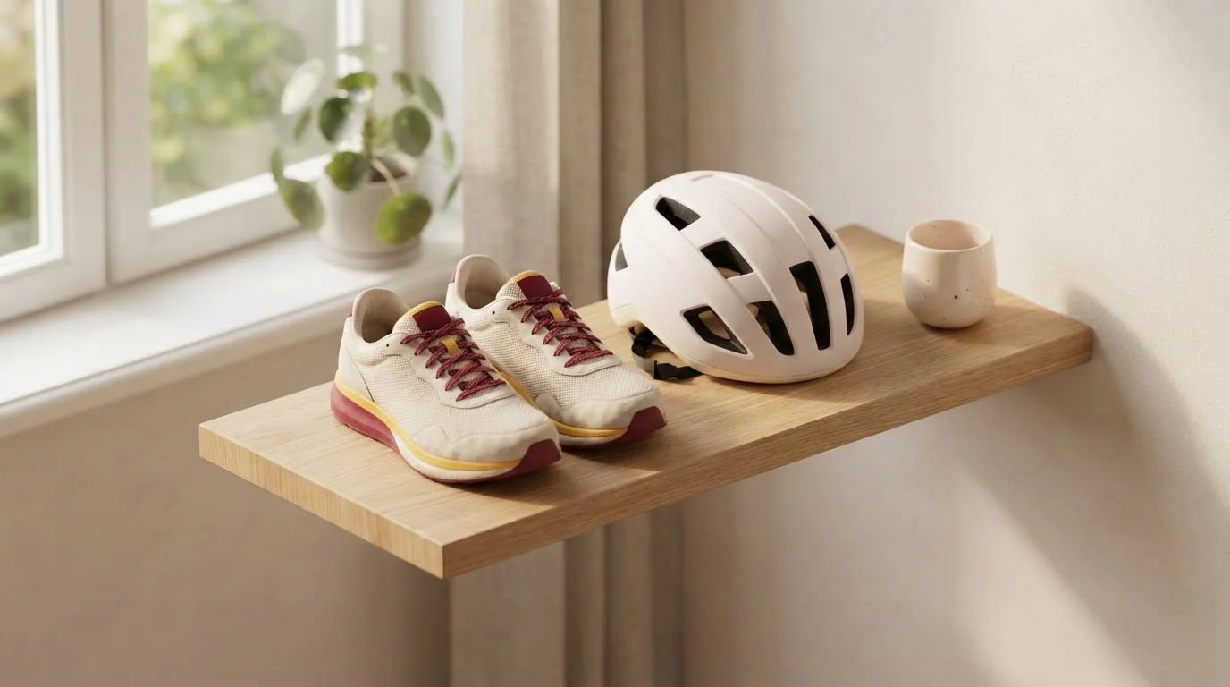 Laufschuhe und Fahrradhelm neben einer Keramiktasse auf einem Holzregal