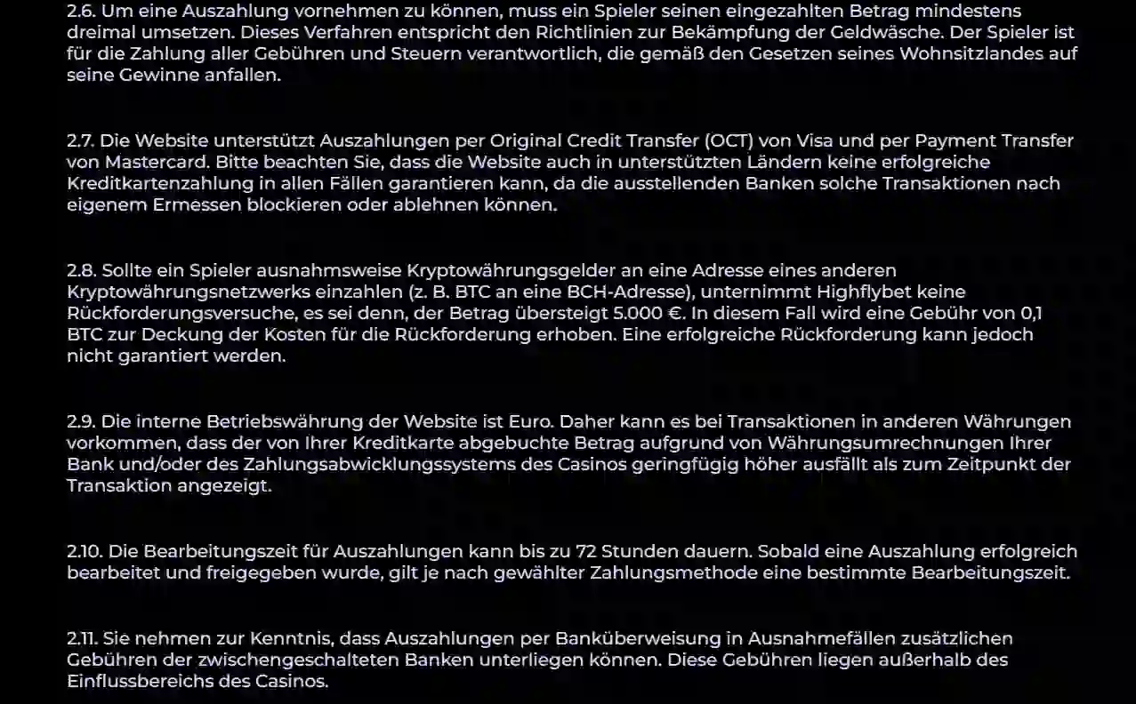 Zahlungsarten auf der Zahlungsübersicht von Highflybet